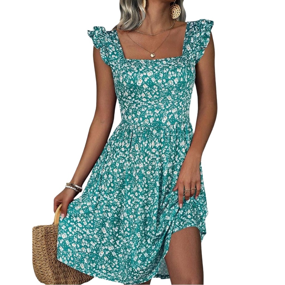 Teal Floral Ruffle Mini Dress | M | Loemes Square Neck Summer Dress